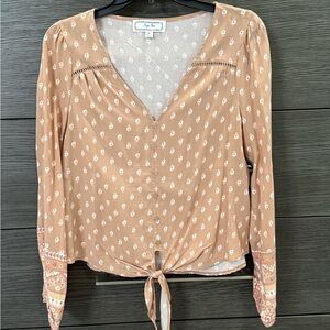 Women's Tan Floral Tie-Front Blouse